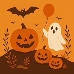 Fototapeta premium Festive Halloween scene with carved pumpkins a friendly ghost holding a balloon and a bat in silhouette