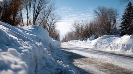 Obraz premium A sunlit winter scene reveals a snow-covered road lined with high snowbanks, showcasing the beauty of a winter landscape.