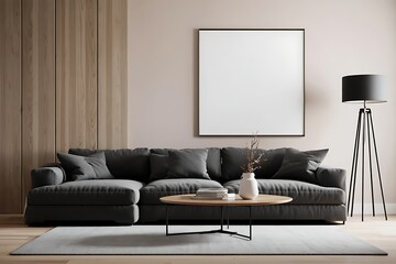 Modern living room with sectional sofa and empty frame
