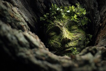 Green Man Emerges - Mossy Face in Tree Hollow, Ancient Forest Spirit, Mystical Nature.