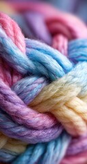 Close-up of intricately woven pastel-colored yarn strands, creating a textured, soft, and visually appealing braid