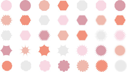 Circle sticker set in pink color with wavy edge promo badges, star burst shape tags for discount and sale, blank vintage labels and retro silhouette symbols, graphic illustration icons isolated