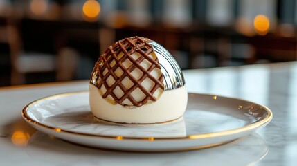 Premium vanilla mousse cake topped with decorative chocolate grid and glossy finish served on transparent plate in fine dining establishment
