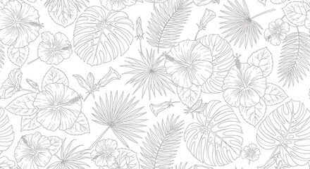 Fototapeta premium Seamless pattern of tropical flowers and leaves, including hibiscus and monstera, rendered in a delicate line art style on a clean, perfect for botanical or summerthemed designs