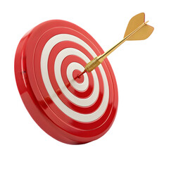 Red glossy target with golden dart arrow in the center isolated on a transparent background PNG file 