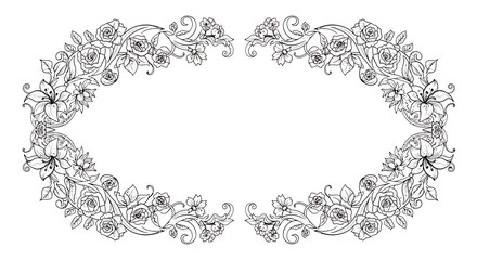Elegant oval floral frame with roses and leaves, , perfect for invitations and decorative designs