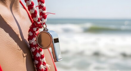 Closeup of a lifeguards shoulder with a whistle on a braided rope, with a blurred beach and ocean in the background