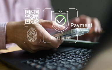 Professional hands using smartphone with secure payment interface displaying QR code, fingerprint authentication and security shield. Mobile payment security and digital transaction protection concept