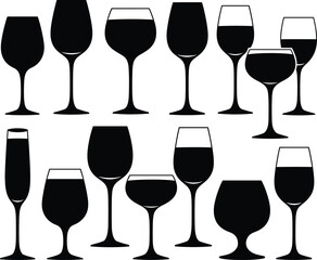 Set of elegant wine and cocktail glass silhouettes, black and white vector illustration, different glassware shapes, beverage icons, party and bar essentials