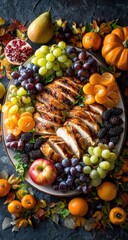Sliced grilled turkey breast artfully arranged on a platter with assorted autumnal fruits, including grapes, apples, pears, mandarins, pomegranate, and blackberries, surrounded by fall leaves