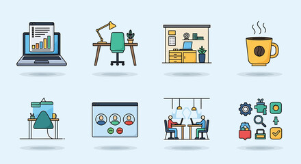 Collection of flat design icons representing office work, remote work, and business activities, including laptops, desks, coffee, and teamwork