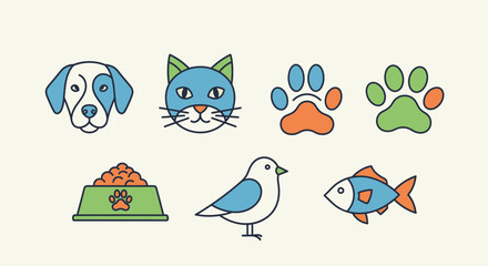 Fototapeta premium Collection of cute cartoon pet icons including a dog, cat, bird, fish, paw prints, and a bowl of food, all isolated on a light cream background, representing various domestic animals and their needs
