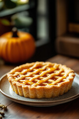 jam pie, golden shortcrust pastry with woven net and pumpkin jam center