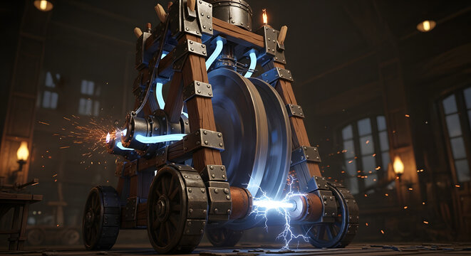 A fantastical steampunk siege engine constructed of wood and iron is powered by crackling blue electricity in a dimly lit workshop.