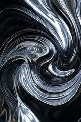 A swirling abstract design showcases a mesmerizing interplay of metallic silver and black hues, creating a dynamic and visually captivating texture.