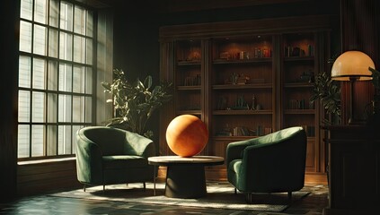 Sunlit Room with Orange Sphere and Armchairs.