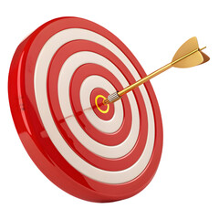 Striking red and white circular target with golden arrow isolated on a transparent background PNG file 