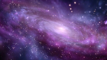Fototapeta premium A vibrant, swirling spiral galaxy dominates the image, awash in shades of purple and blue, speckled with countless stars and nebulae. 