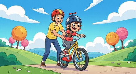 Father teaching his son to ride a bicycle on a sunny day, outdoors in a park with rolling hills and colorful trees.