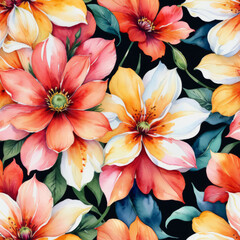 Fototapeta premium Vibrant seamless floral pattern featuring colorful flowers on black background for fabric and home decor