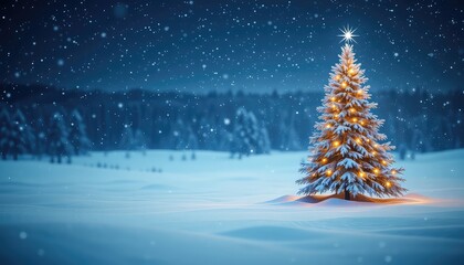 A lone, snow-covered evergreen tree shines brightly with warm lights in a vast, snowy winter landscape