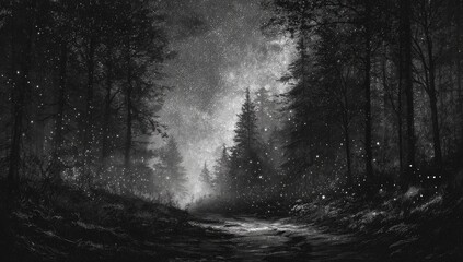 Monochromatic forest path under a snowy, starlit night sky; falling snow obscures the trail leading deeper into the dark woods