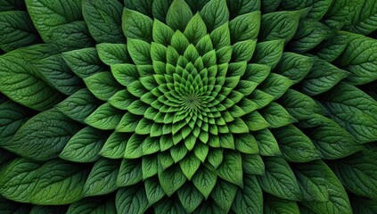 A vibrant, digitally-created image showcasing a mesmerizing spiral of lush green leaves, forming a captivating, symmetrical floral pattern
