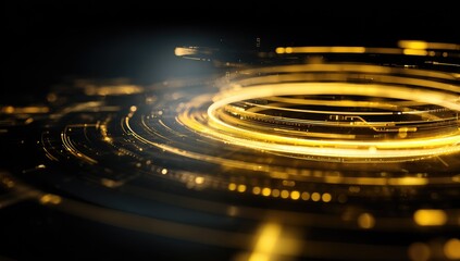 A golden, glowing, circular design with intricate details creates a futuristic, technological, and dynamic visual effect.