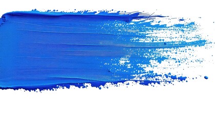 Fototapeta premium Single Blue Paintbrush Stroke Creates a Dynamic Splash Effect with Droplets on a Clean White Surface, Offering a Vibrant Texture