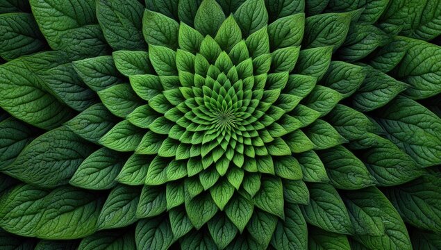 A vibrant, digitally-created image showcasing a mesmerizing spiral of lush green leaves, forming a captivating, symmetrical floral pattern