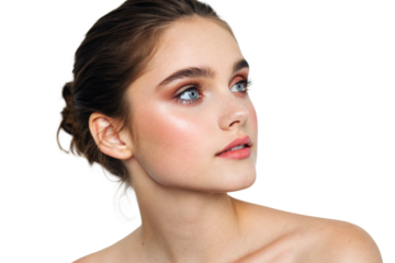 Beautiful young woman with flawless makeup and radiant skin posing isolated on transparent background, showcasing her natural beauty and elegance