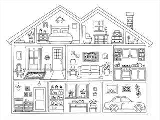 Naklejka premium Creative floor plan of a house, showcasing living room, kitchen, and garage.