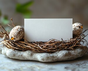 A handmade nest cradling a blank white gift card for a farewell tribute