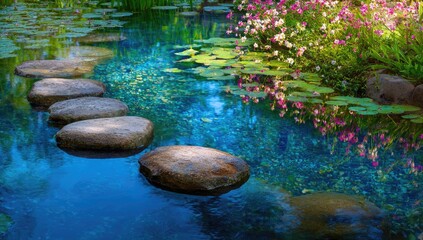 Tranquil stepping stones traverse a serene pond, reflecting vibrant pink flowers and lush greenery