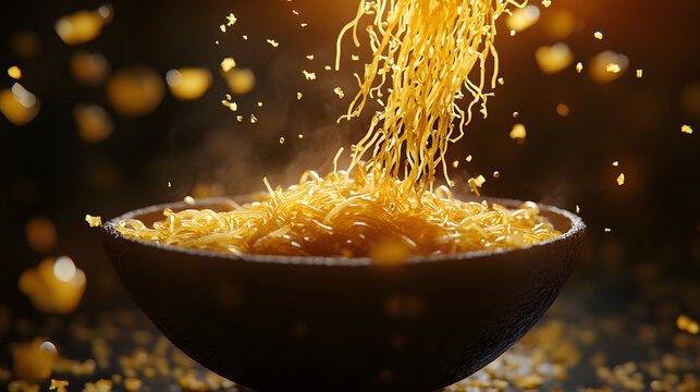 Spaghetti noodles spillingout from a bowl, their fin texture and golden color ontrasting beautifully wit the dark background.