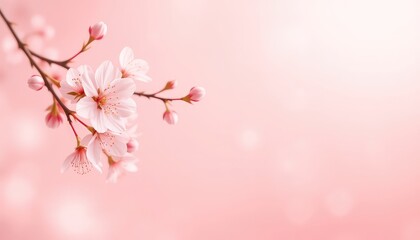 Fototapeta premium Gentle pink background with a flowering branch, soft focus, delicate petals and unopened flower buds, soft pastel colors, minimalist spring beauty