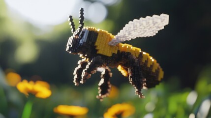 This image showcases a beautifully rendered pixel art bee hovering above vibrant flowers, highlighting the interplay of nature and digital creativity in a stunning setting.