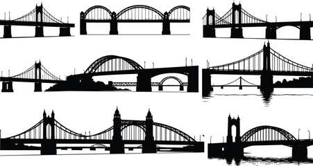 Silhouette set of urban bridges, black vector illustration, city infrastructure, transportation landmarks, architectural elements, river crossings, skyline connectors