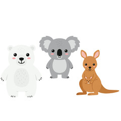 Cute childish animal vector illustration featuring an adorable polar bear, koala, and kangaroo in a charming 2D flat style, isolated on a clean white background.