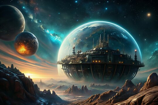 Futuristic city encased in a giant glass sphere on alien planet