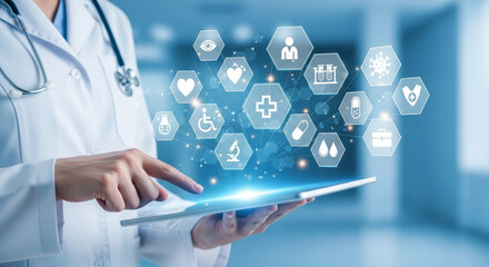 Doctor using tablet with medical icons representing healthcare technology and innovation