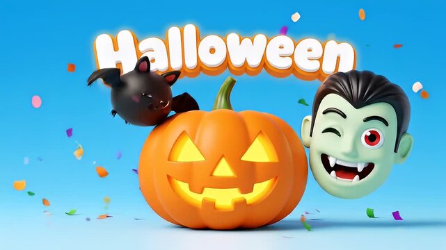 Halloween illustration with pumpkin bat and vampire