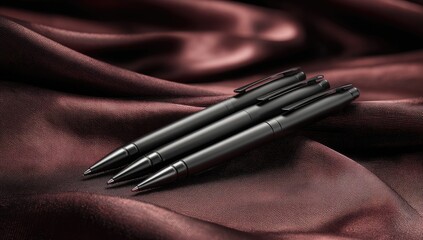 Three sleek, matte black ballpoint pens rest on rich, burgundy silk fabric, creating a luxurious and sophisticated image