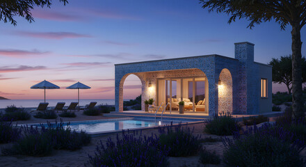 Obraz premium Beach villa rental with pool and ocean view at sunset for vacation getaway and summer holiday travel
