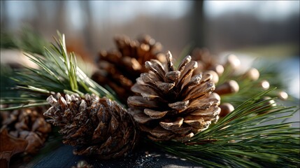 Close-up view of pine cones and evergreen boughs, showcasing detailed textures and rich, natural colors.