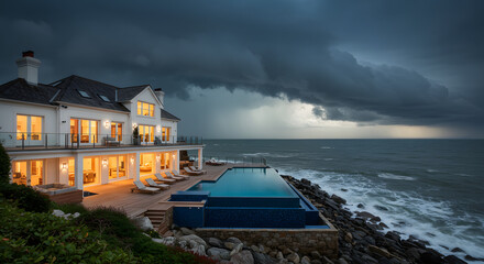 Fototapeta premium Luxury oceanfront home with infinity pool and stormy sky coastal real estate dream house architecture