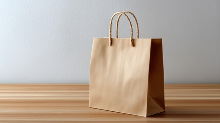 A paper bag mockup, plain brown, with a single, simple on a light wooden background