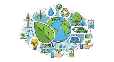 Fototapeta premium Eco-friendly world with renewable energy sources and sustainable green living illustration