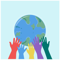 Multicolored hands holding the planet Earth on a blue background, lgbt,  pride festival, peace, love