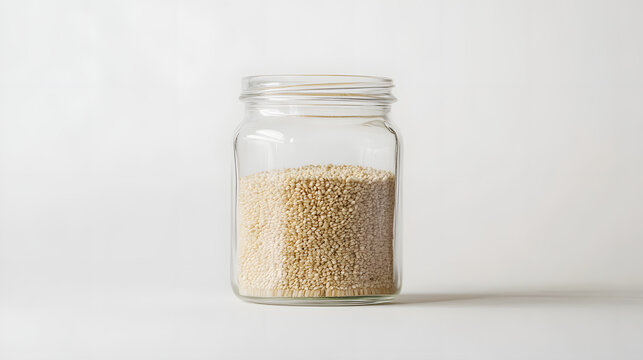 Spelt grains in a transparent glass jar, showing ther natural beige color and aw texture against a simpl, white background.